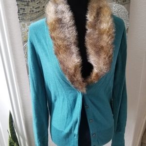 Cabi Tearoom Teal Cardigan With Fur Collar